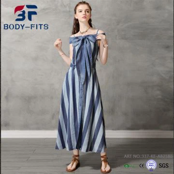 Lav pris Denim Stripe Off Shoulder Dress